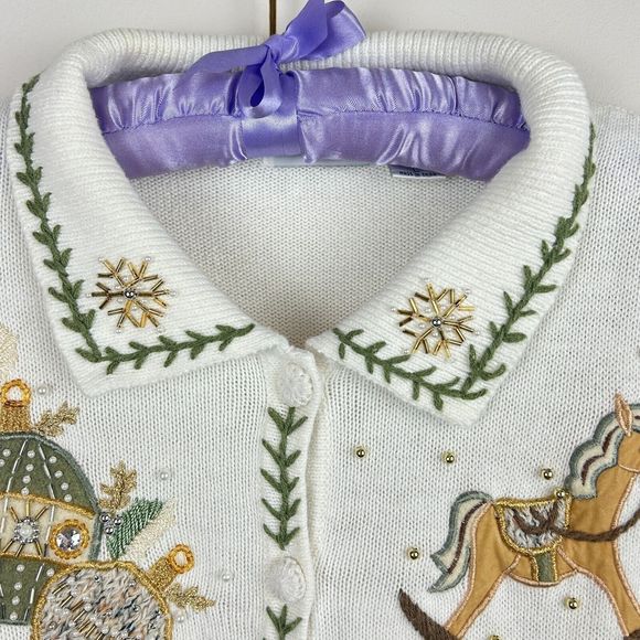B P Design Cotton Ramie Neutral Embroidered Christmas Sweater Size Large - Picture 2 of 14